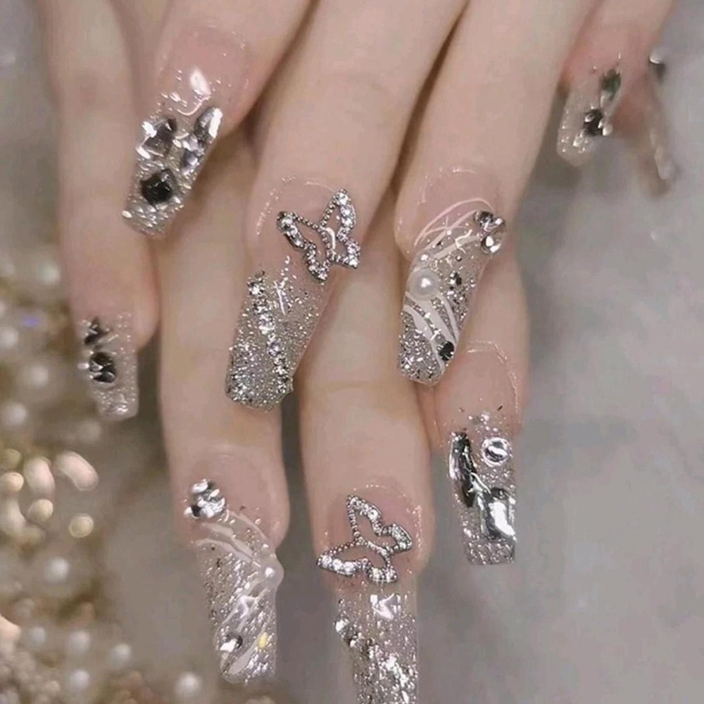 24PCS Rhinestone 3D Painting Long Coffin Press-On Nails Silvery Glitter pink sh